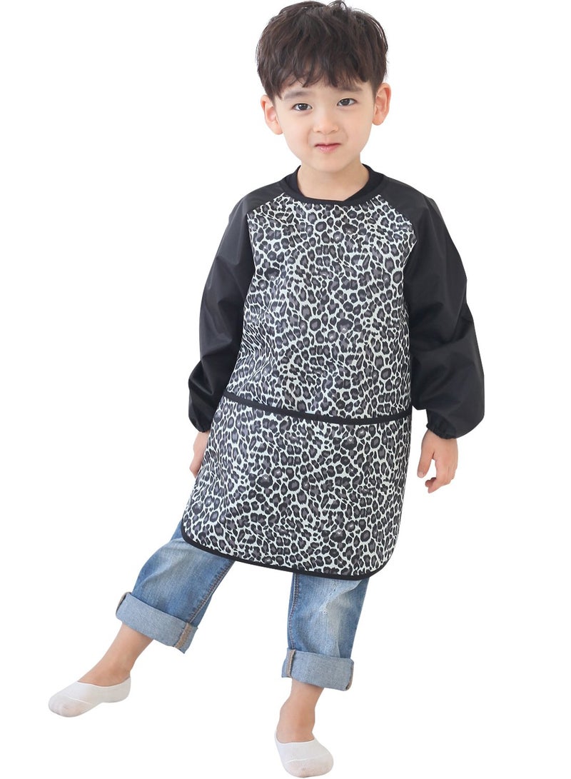 Plie Kids Painting Apron â€“ Waterproof Long Sleeve Art Smock for Toddlers & Preschoolers, Messy Play, Baking, Crafts, Cooking, Sensory Activities (Ages 1â€“10), Black Leopard (32-M) - Image 1